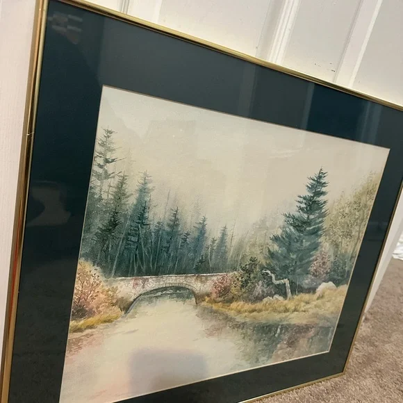 WOODED NATURE FOREST BRIDGE ART PAINTING PRINT GOLD FRAMED 24 x 20.5 - Picture 5 of 8